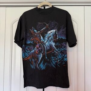 New Vintage Native American Horseback Wolves Neon Graphic T-Shirt 90s 2000s Y2K